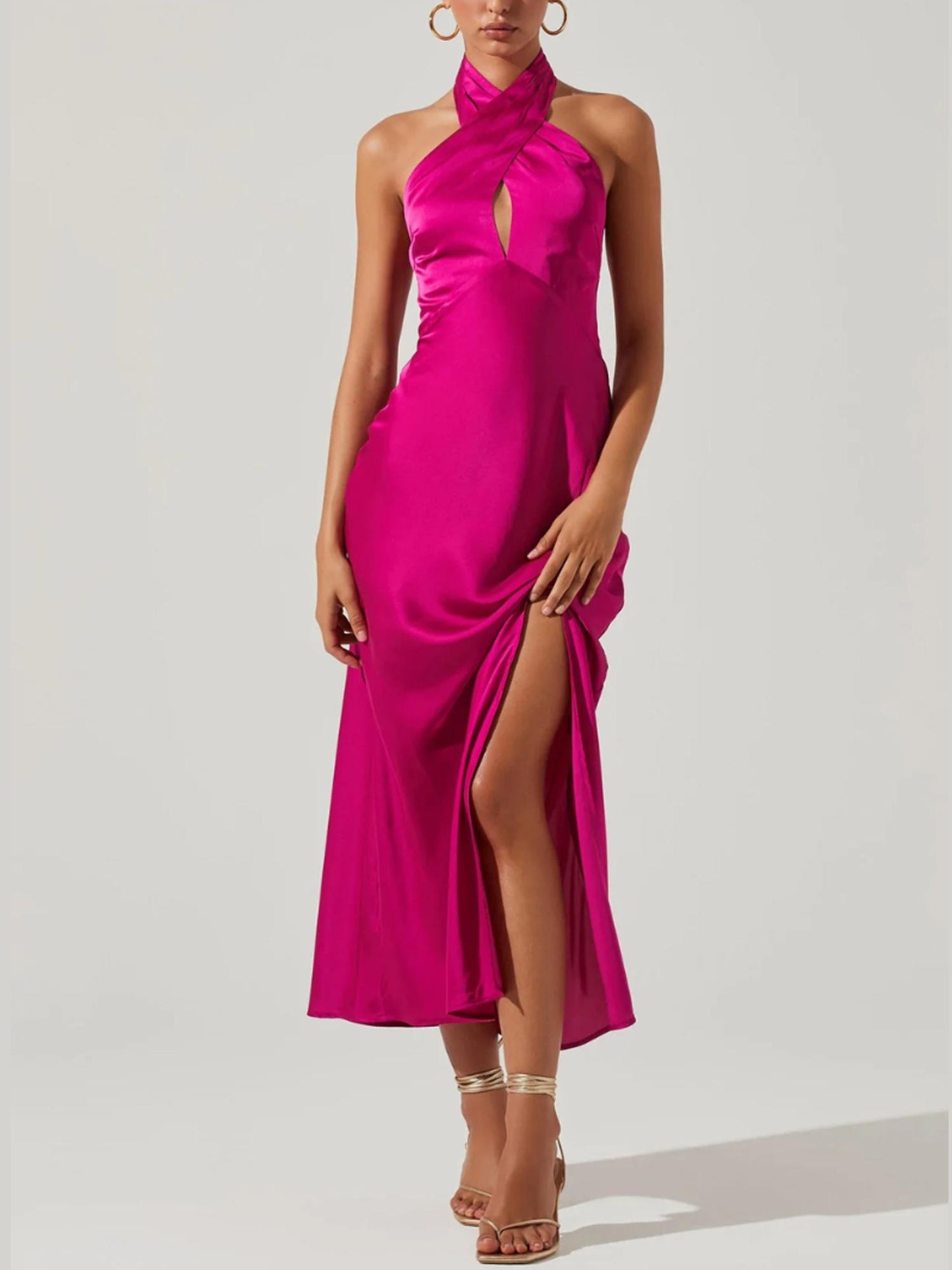 ASTR the Label - Marissa Satin Halter Cut Out Midi Dress - Sz L