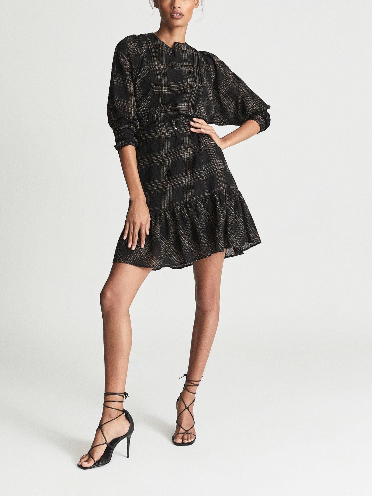 Reiss - Split Neck Daisy Checkered Mini Dress - Sz 8