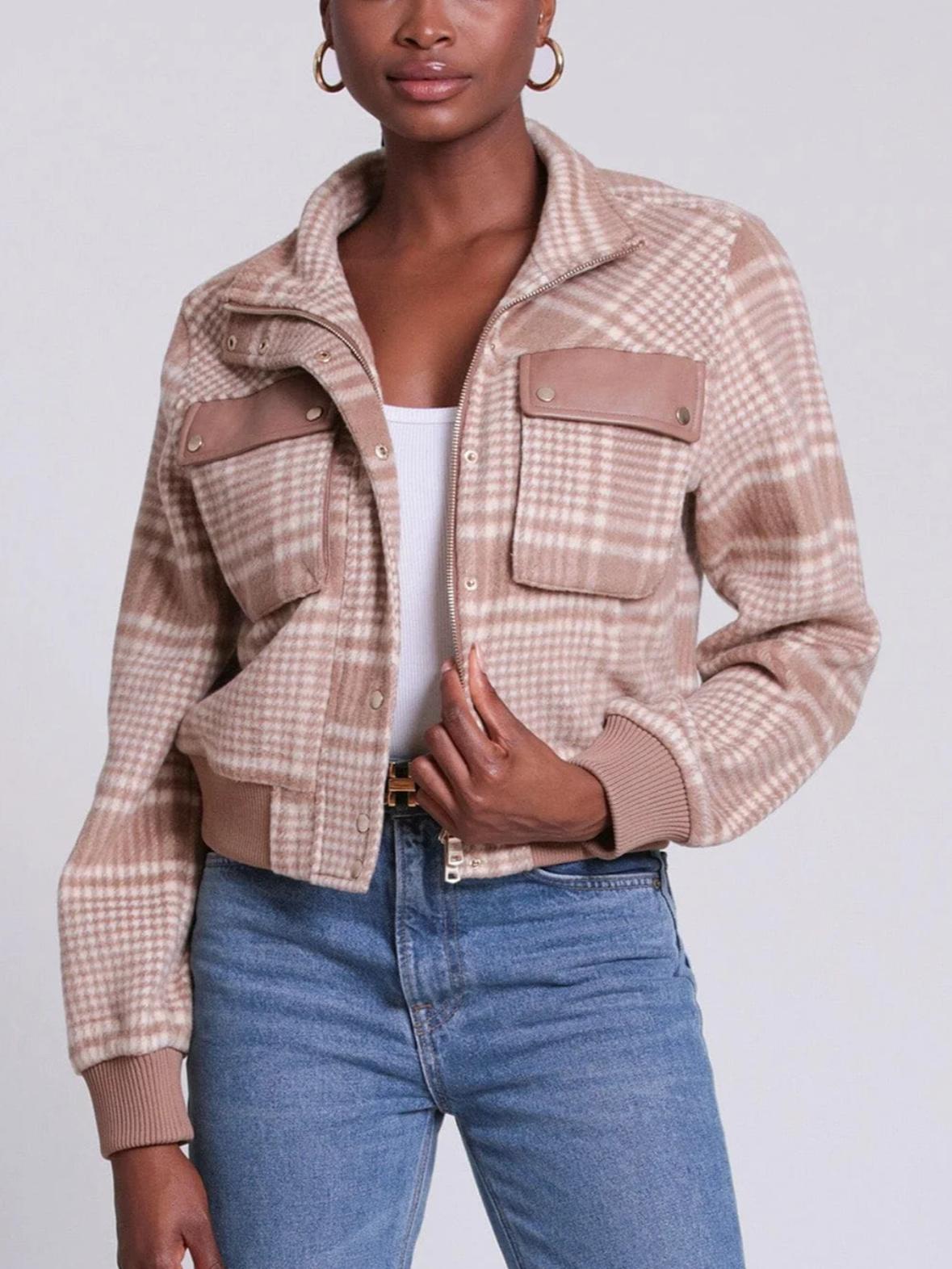 Avec Les Filles - Plaid Cropped Long Sleeve Bomber Jacket - Sz L