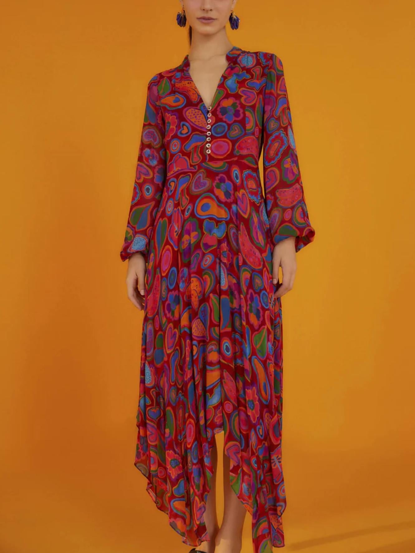 FARM Rio - V-Neck Asymmetric Hem Sheer Midi Dress - Sz S