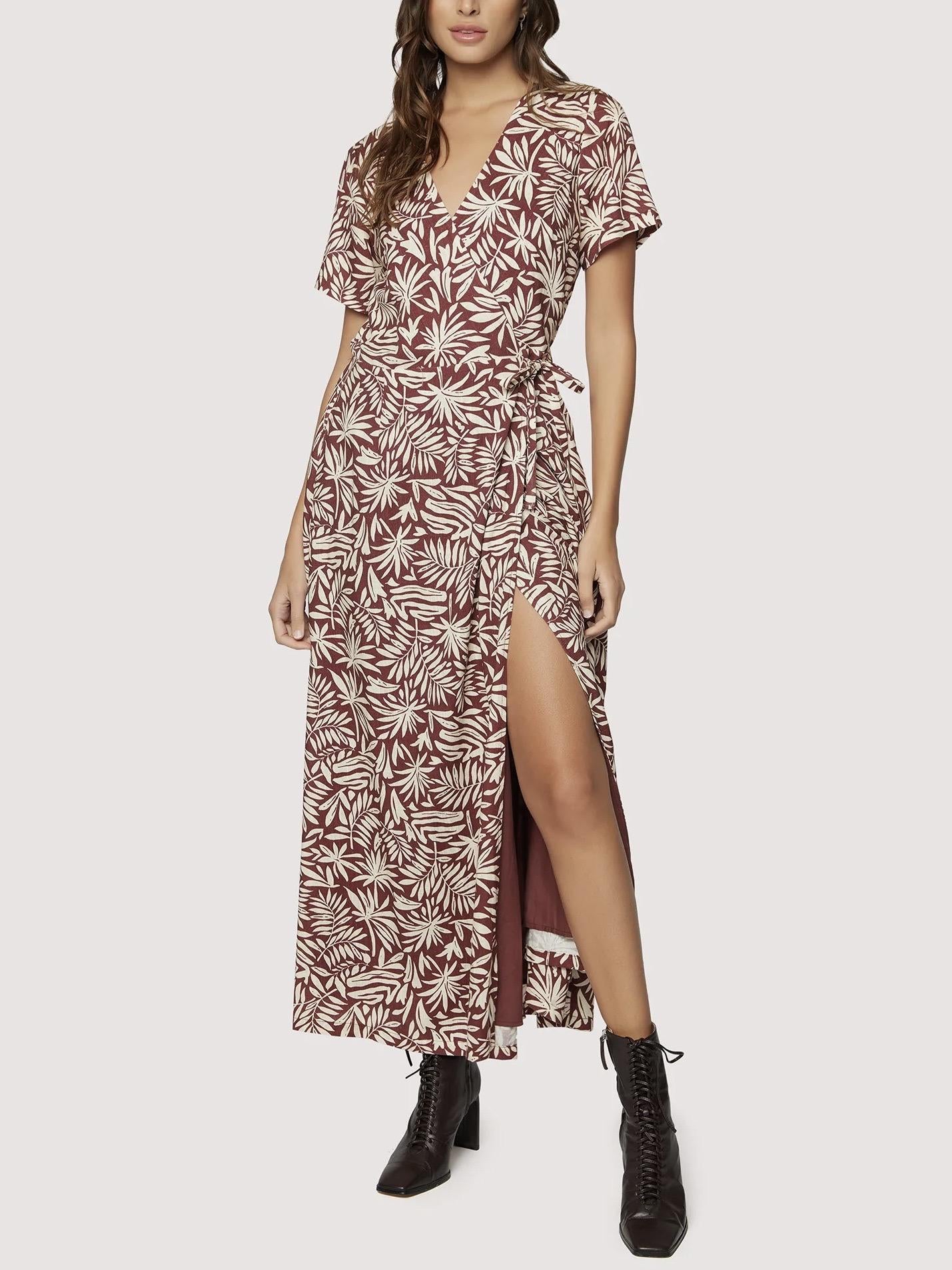 Lost + Wander - Short Sleeve Leg Slit Palm Oasis Maxi Dress - Sz S