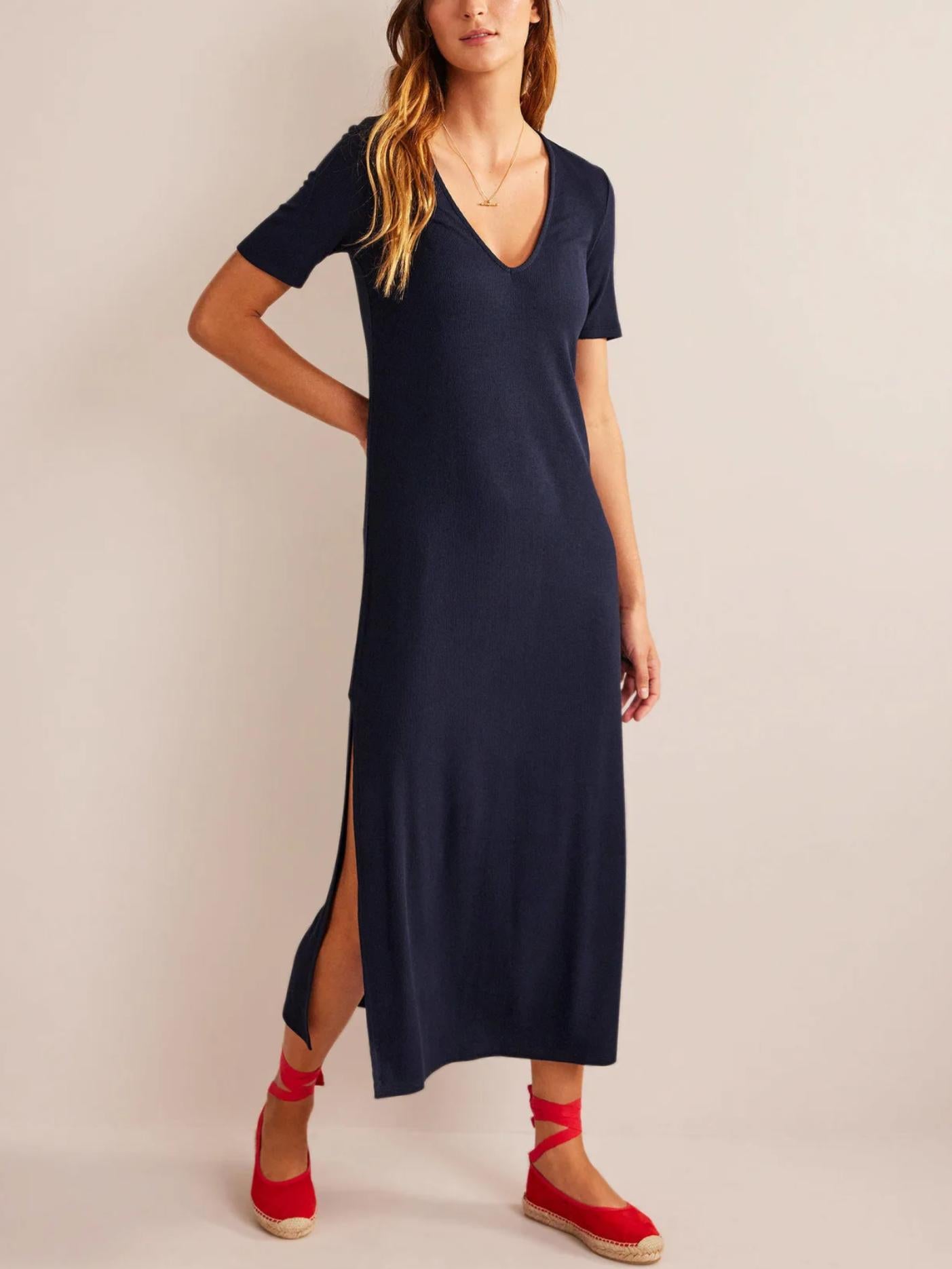 Boden - Rib Jersey V-Neck Midi T-shirt Dress - Sz 8