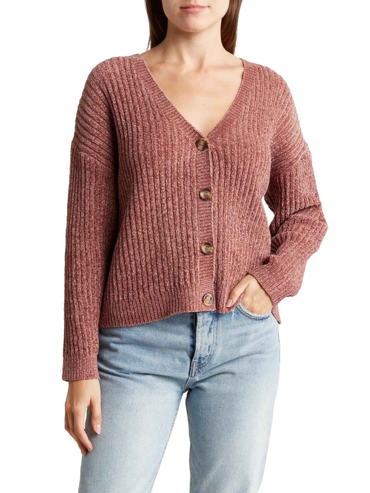 Sanctuary - Ribbed Chenille Button Front Long Sleeve Cardigan - Sz L