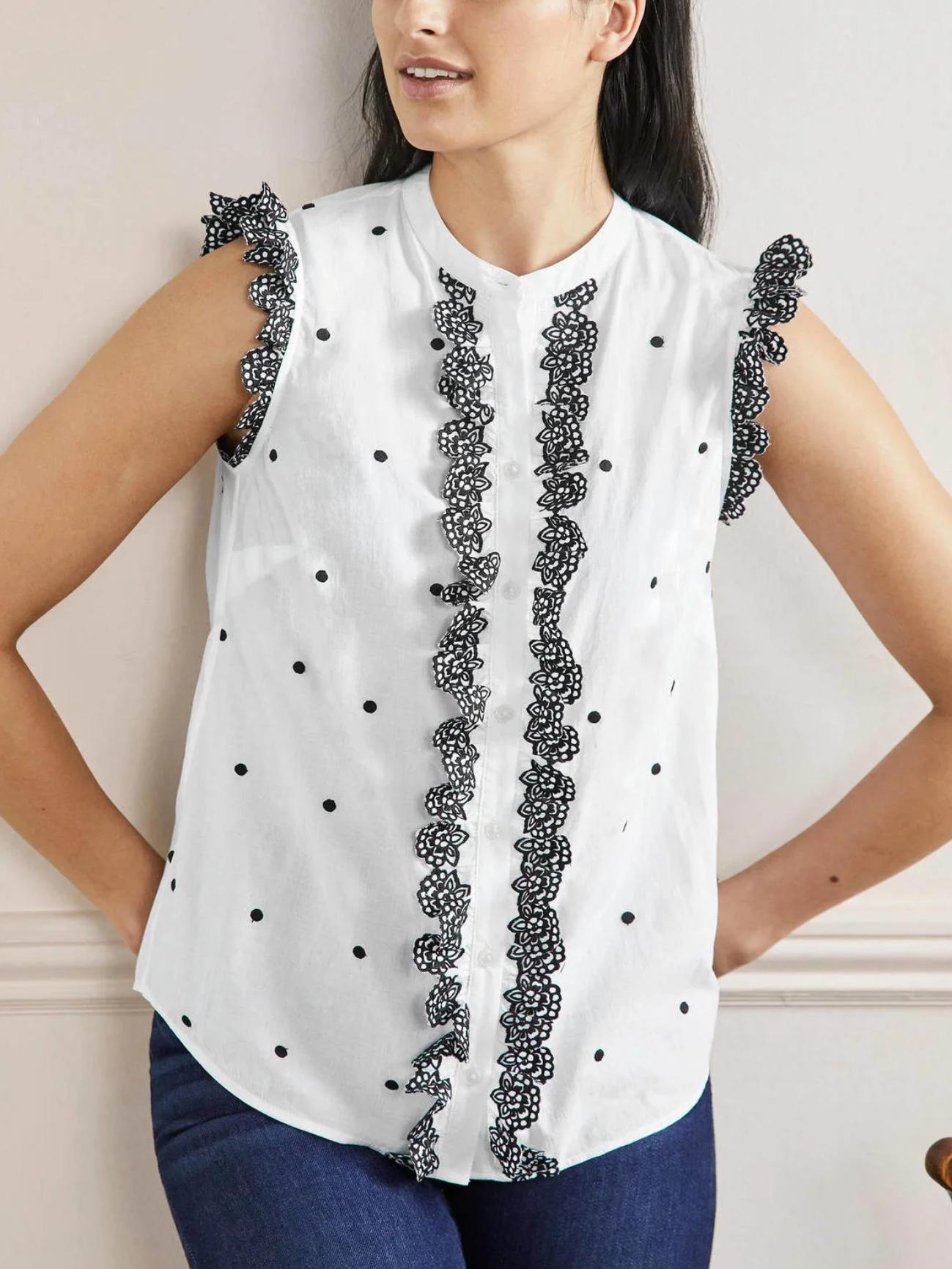 Boden - Sleeveless Embroidered Button-Down Shirt - Sz 12