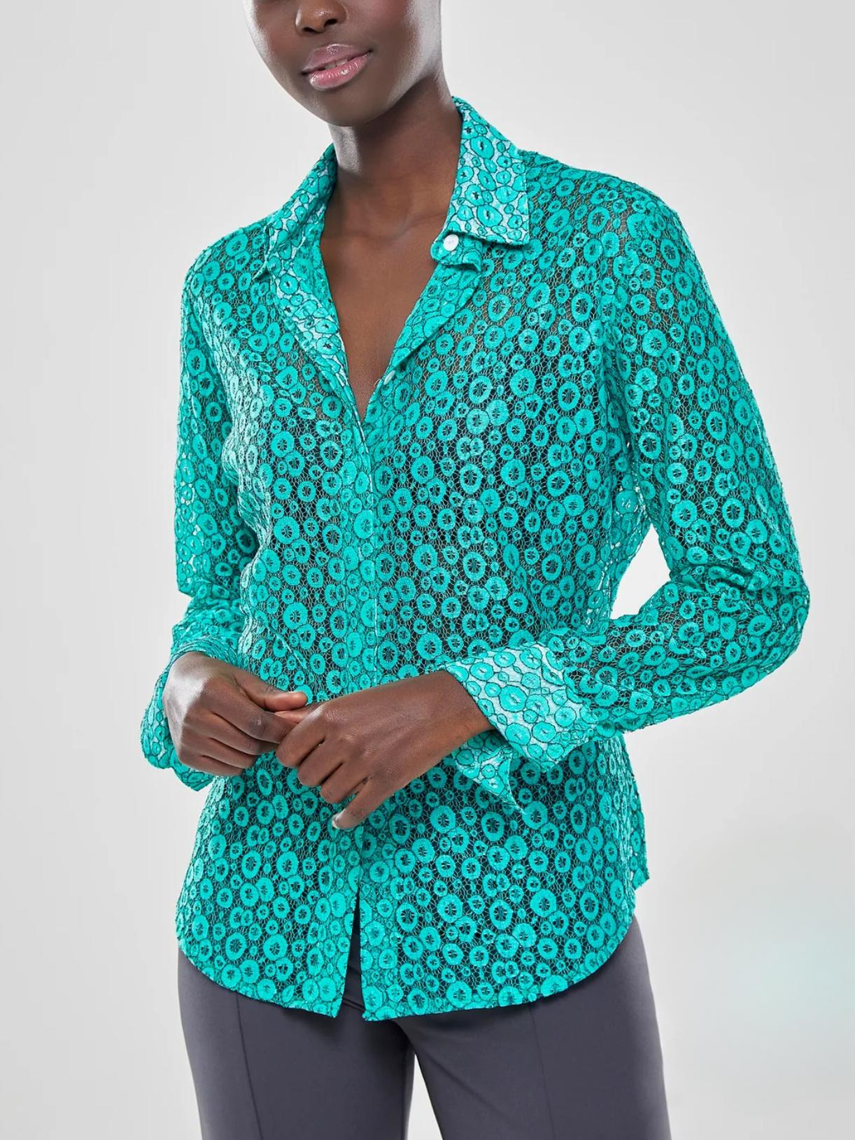 Farinaz Taghavi - Attitude Long Sleeve Open Lace Button-Down Shirt - Sz 8