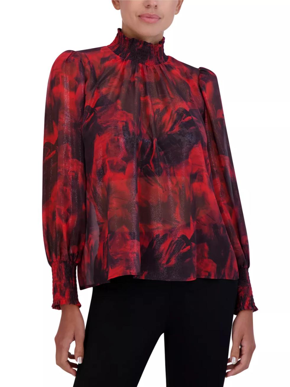 BCBG Maxazria - Mock Neck Long Sleeve Smocked Cuff Blouse - Sz M