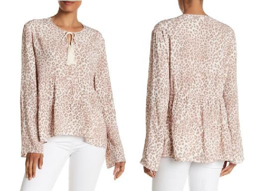 Marchesa Rose - Long Sleeve Animal Print Self-Tie Tiered Blouse - Sz S