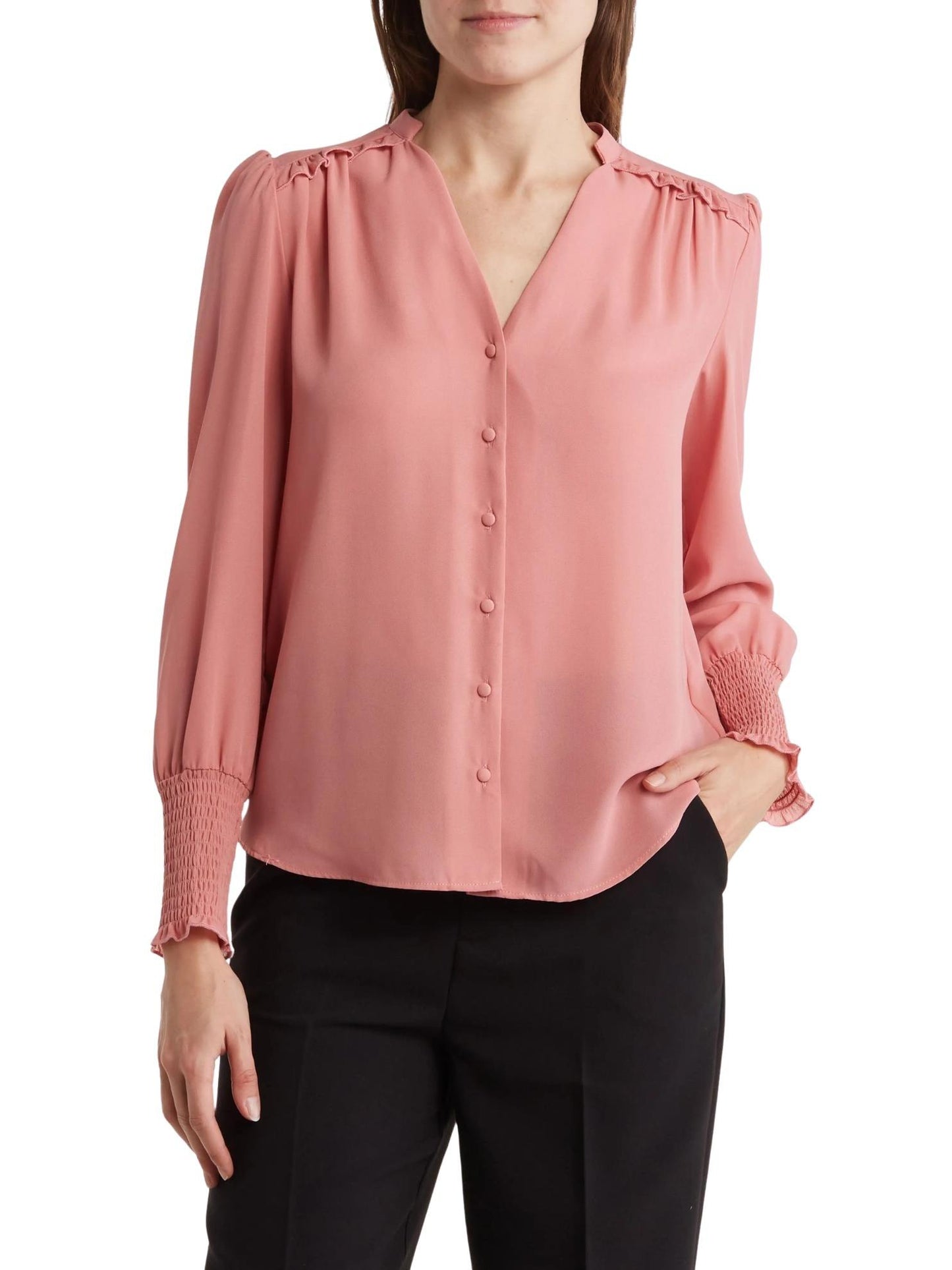 Nanette Lepore - Smocked Cuff V-Neck Button-Down Blouse - Sz M