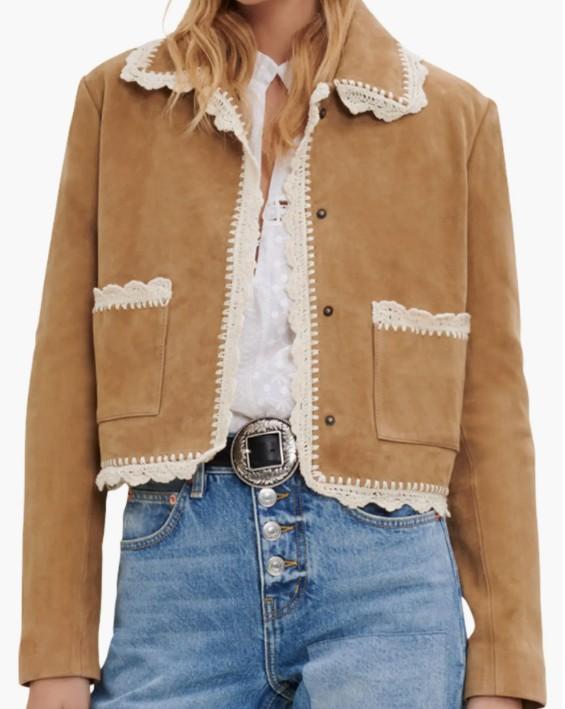 Maje - Cropped Crochet Trim Suede Jacket - Sz M