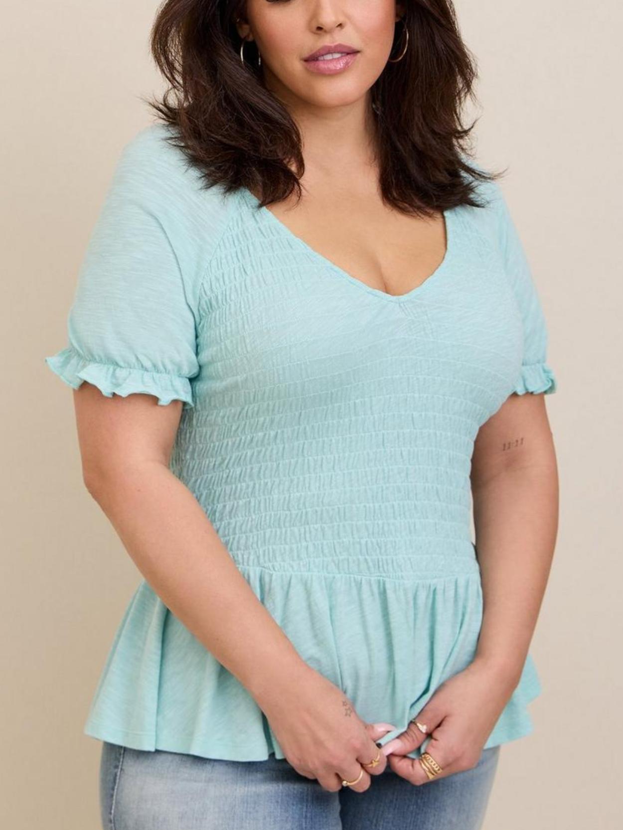 Torrid - Slub Smocked Short Sleeve Babydoll Peplum Blouse - Sz M/L