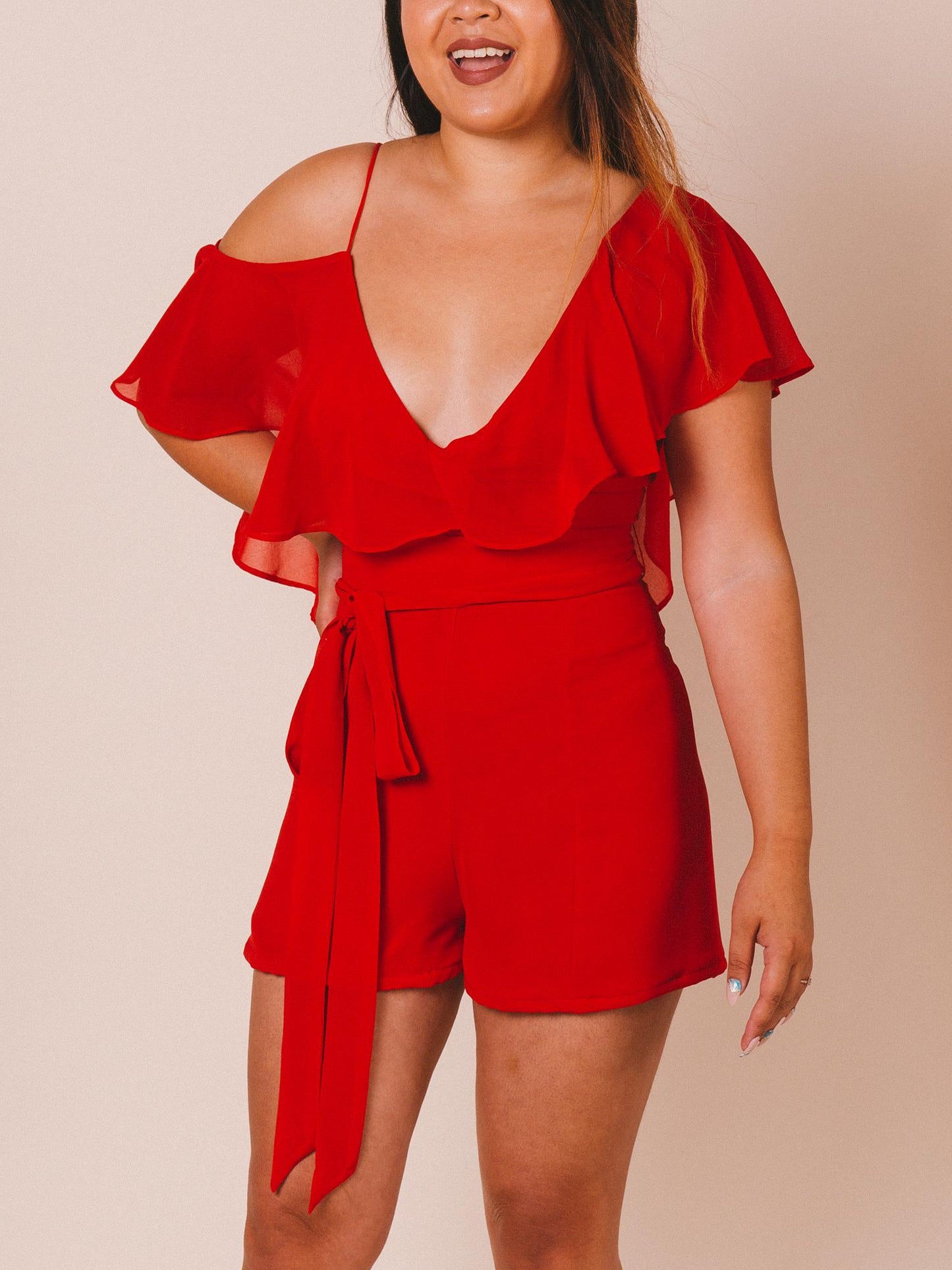 Fame and Partners - Upcycled Asymmetrical Cold-Shoulder Ruffle Trim Romper - Sz 4