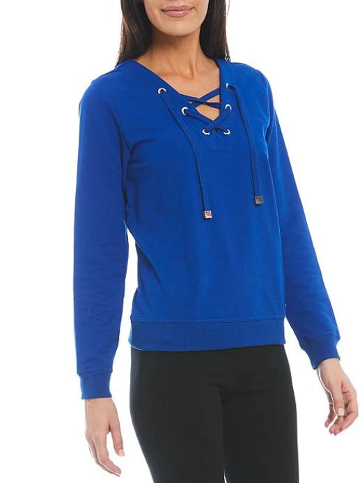 Calvin Klein - Lace Up Front V-Neck Long Sleeve French Terry Pullover - Sz M