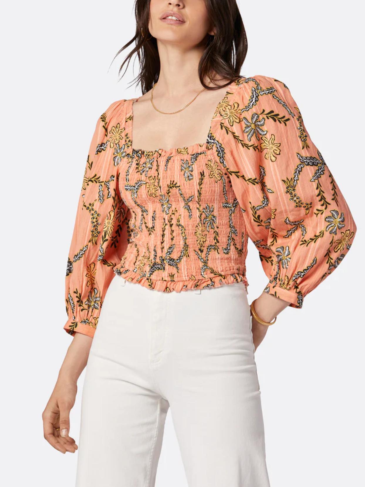 Joie - Smocked Bodice Bension Long Sleeve Cotton Top - Sz S