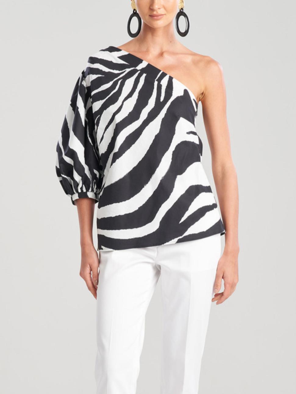 Natori - One-Shoulder Balloon Sleeve Poplin Top - Sz 8