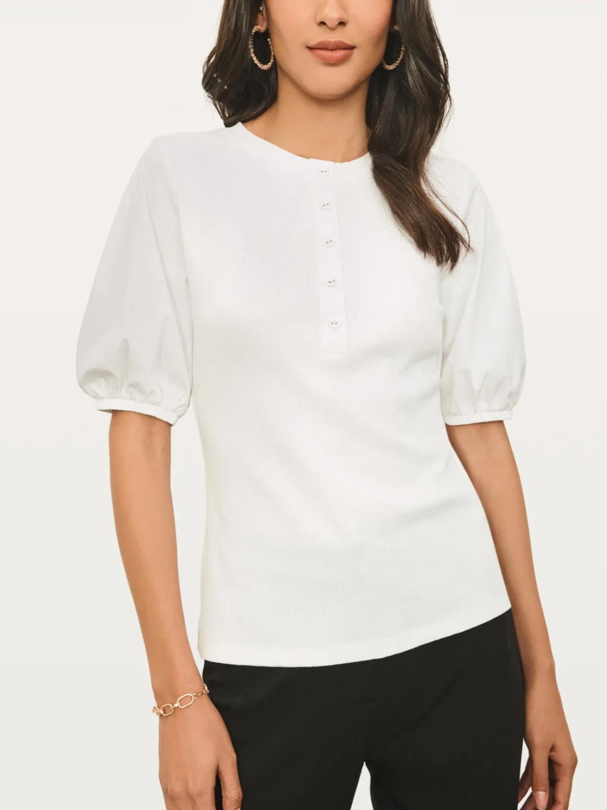 Donna Karan - Puff Sleeve Mix Media Button Front Tops - Sz L