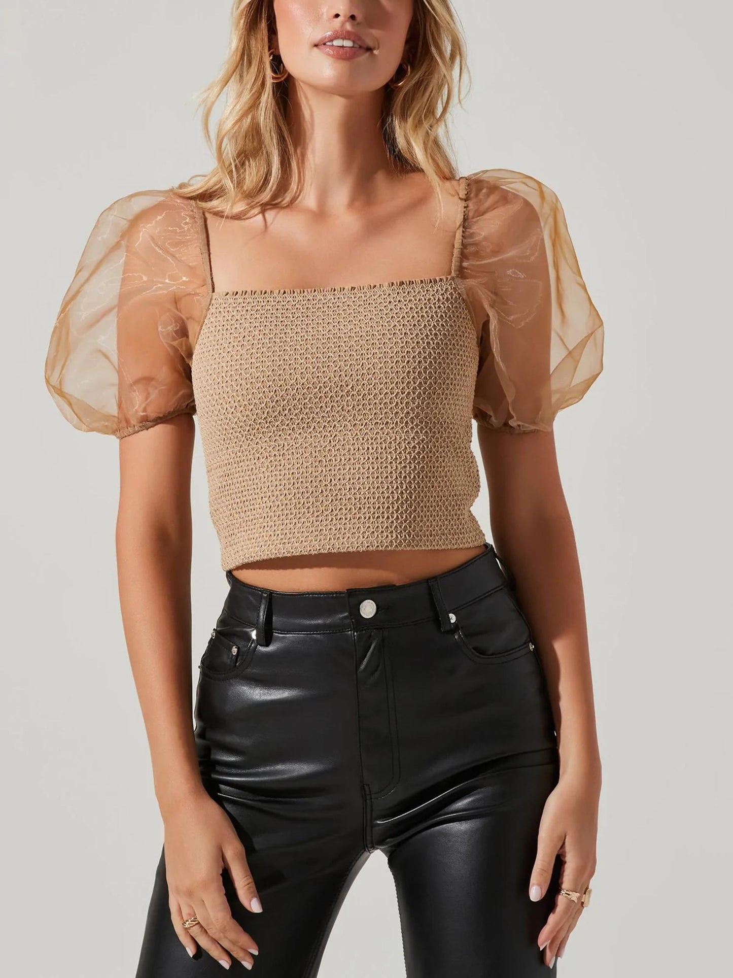 ASTR the Label - Organza Puff Sleeve Smocked Crop Top - Sz M