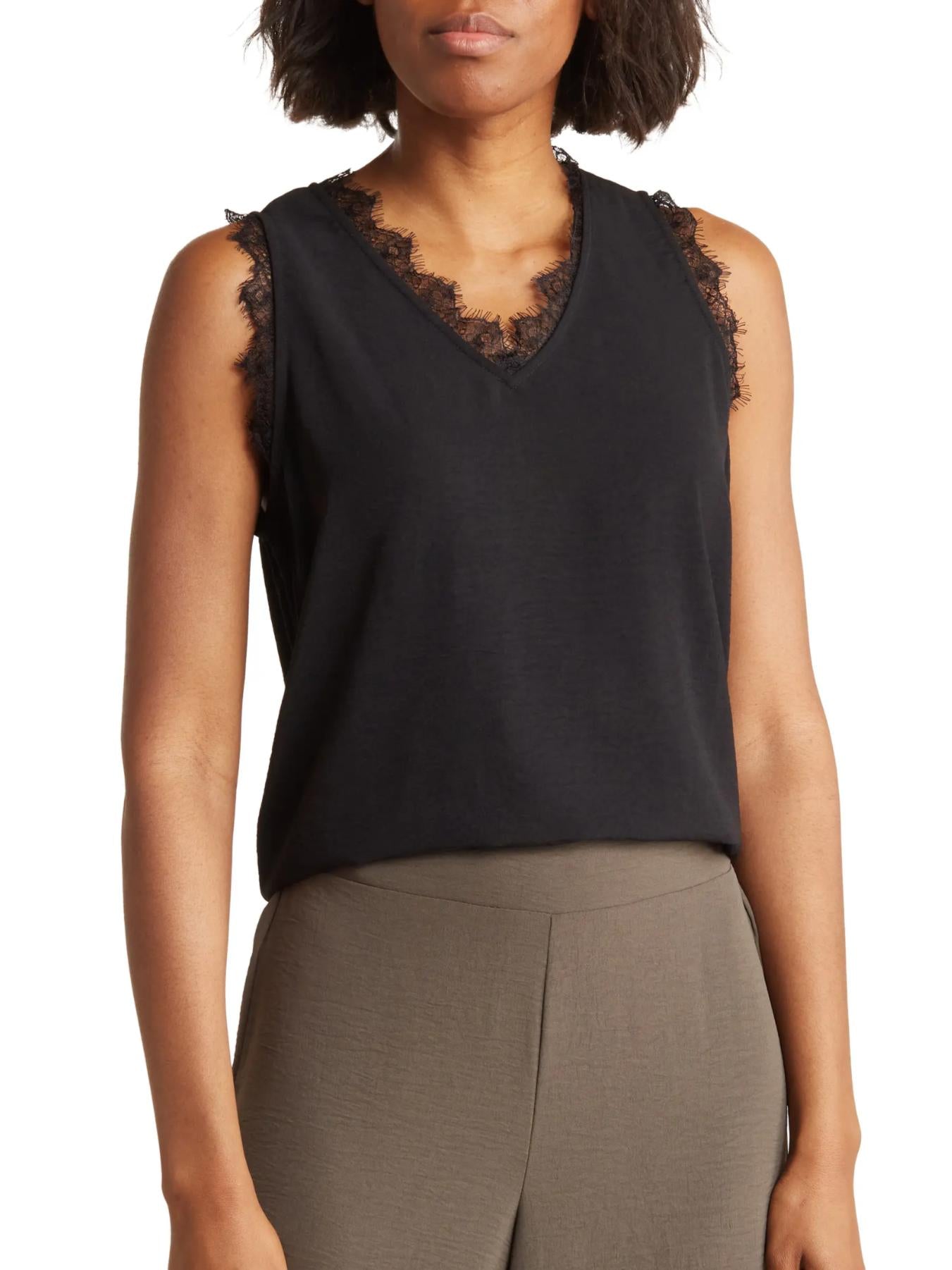 Adrianna Papell - V-Neck Lace Trim Sleeveless Tank - Sz S