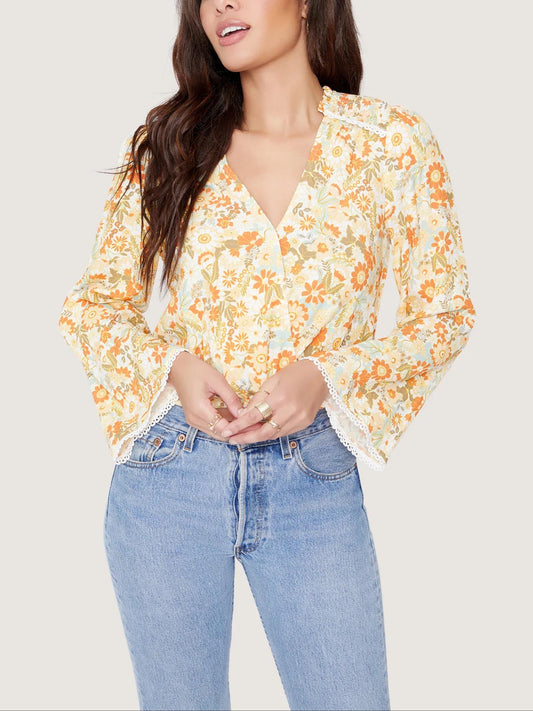 Lost + Wander - Prairie Rose Flare Sleeve Elastic Waist Blouse - Sz XS