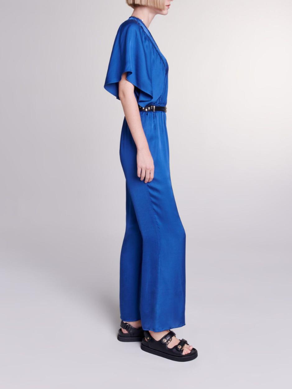 Maje - V-Neck Dolman Sleeve Satin Jumpsuit - Sz L