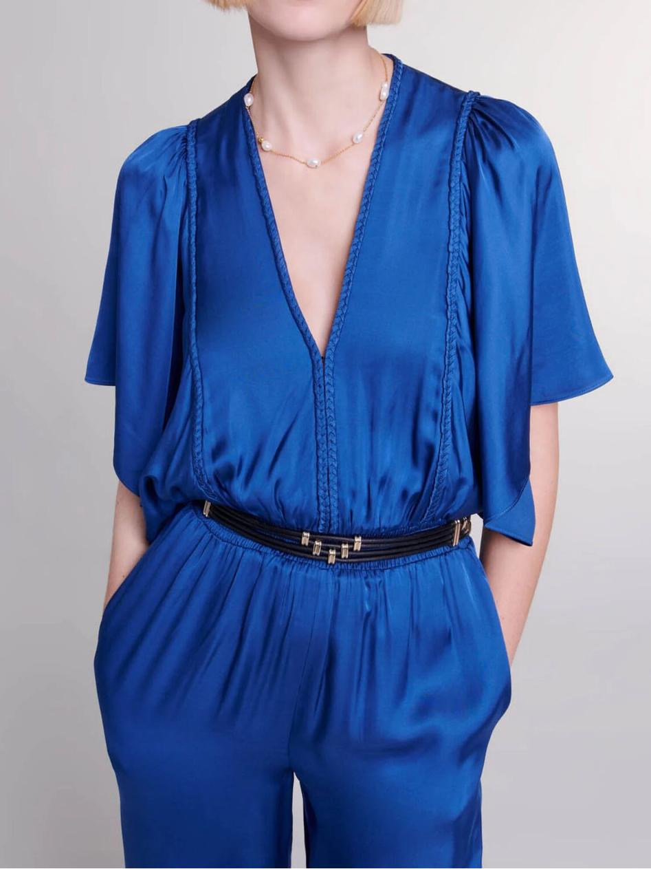 Maje - V-Neck Dolman Sleeve Satin Jumpsuit - Sz L