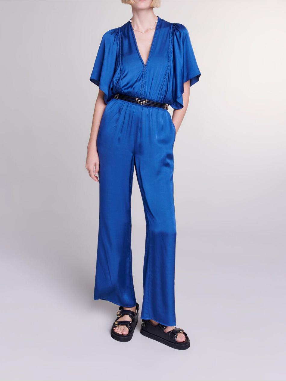 Maje - V-Neck Dolman Sleeve Satin Jumpsuit - Sz L