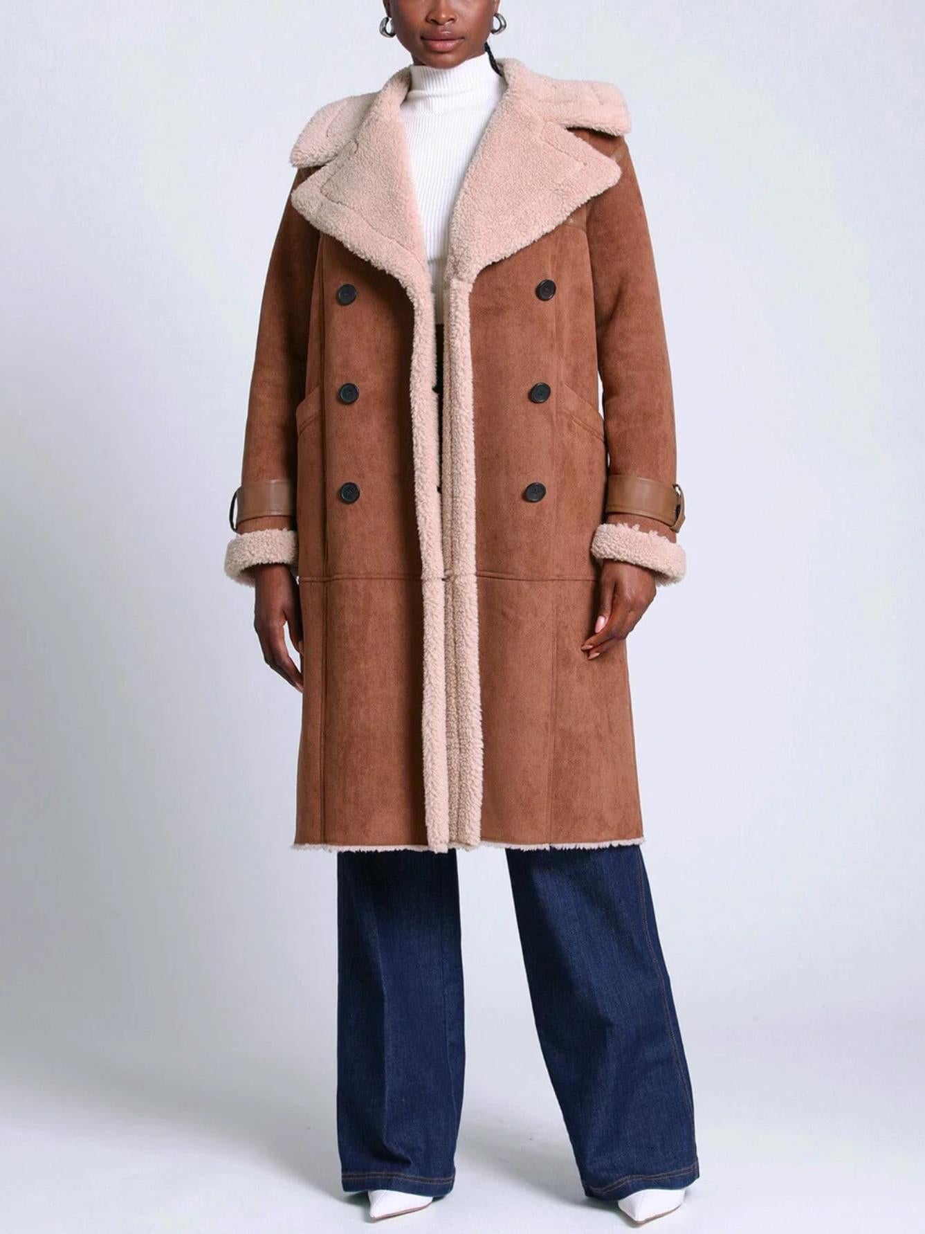 Avec Les Filles - Double-Breasted Faux Sherling Coat - Sz M