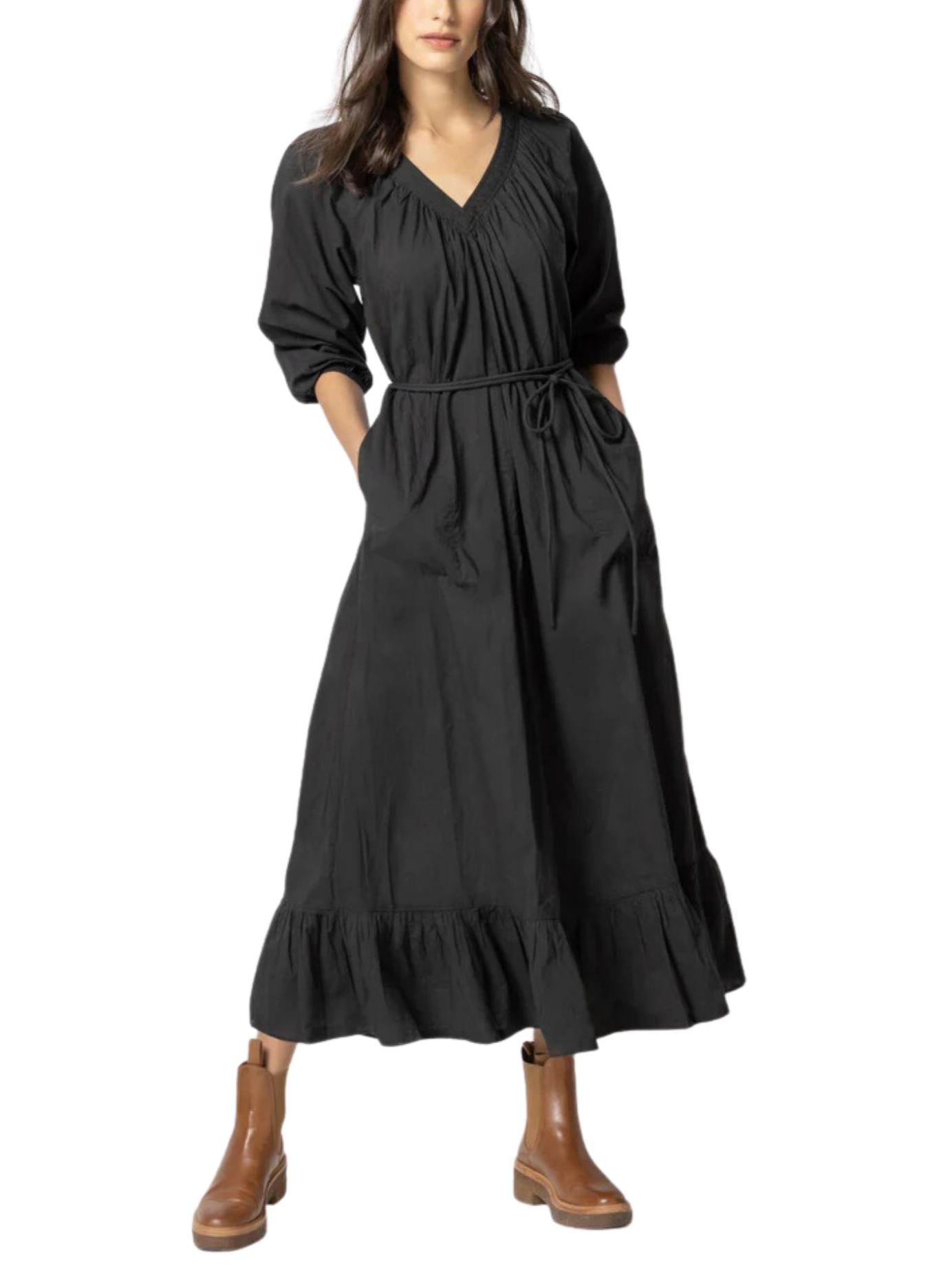 Lilla P - Belted V-Neck Balloon Sleeve Maxi Dress - Sz L