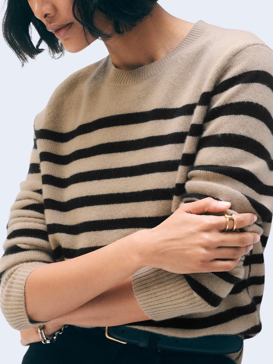 White & Warren - Cashmere Ribbed Trim Cashmere Crewneck Sweater - Sz S