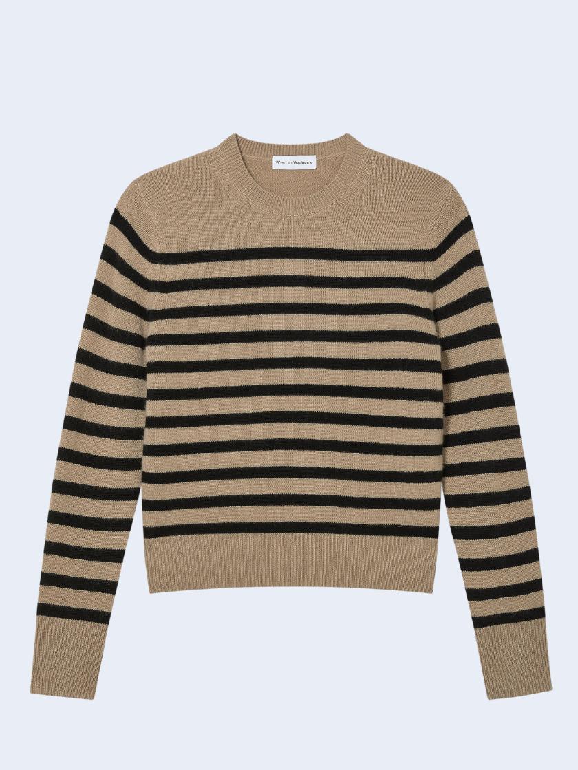 White & Warren - Cashmere Ribbed Trim Cashmere Crewneck Sweater - Sz S