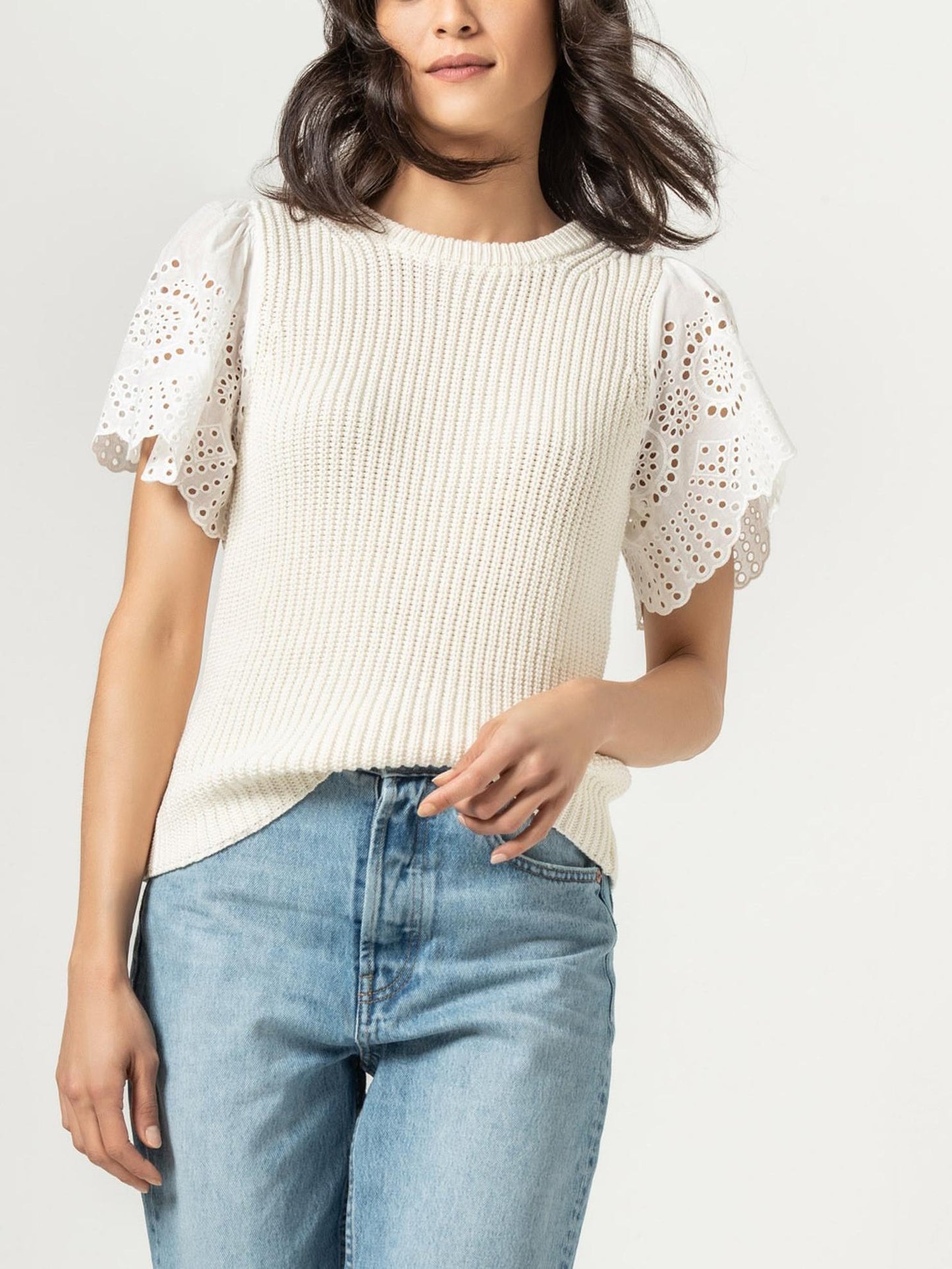 Lilla P - Eyelet Sleeve Crewneck Sweater - Sz M