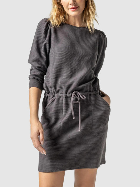 Lilla P - Shirred Sleeve Front Pockets Drawstring Dress - Sz L
