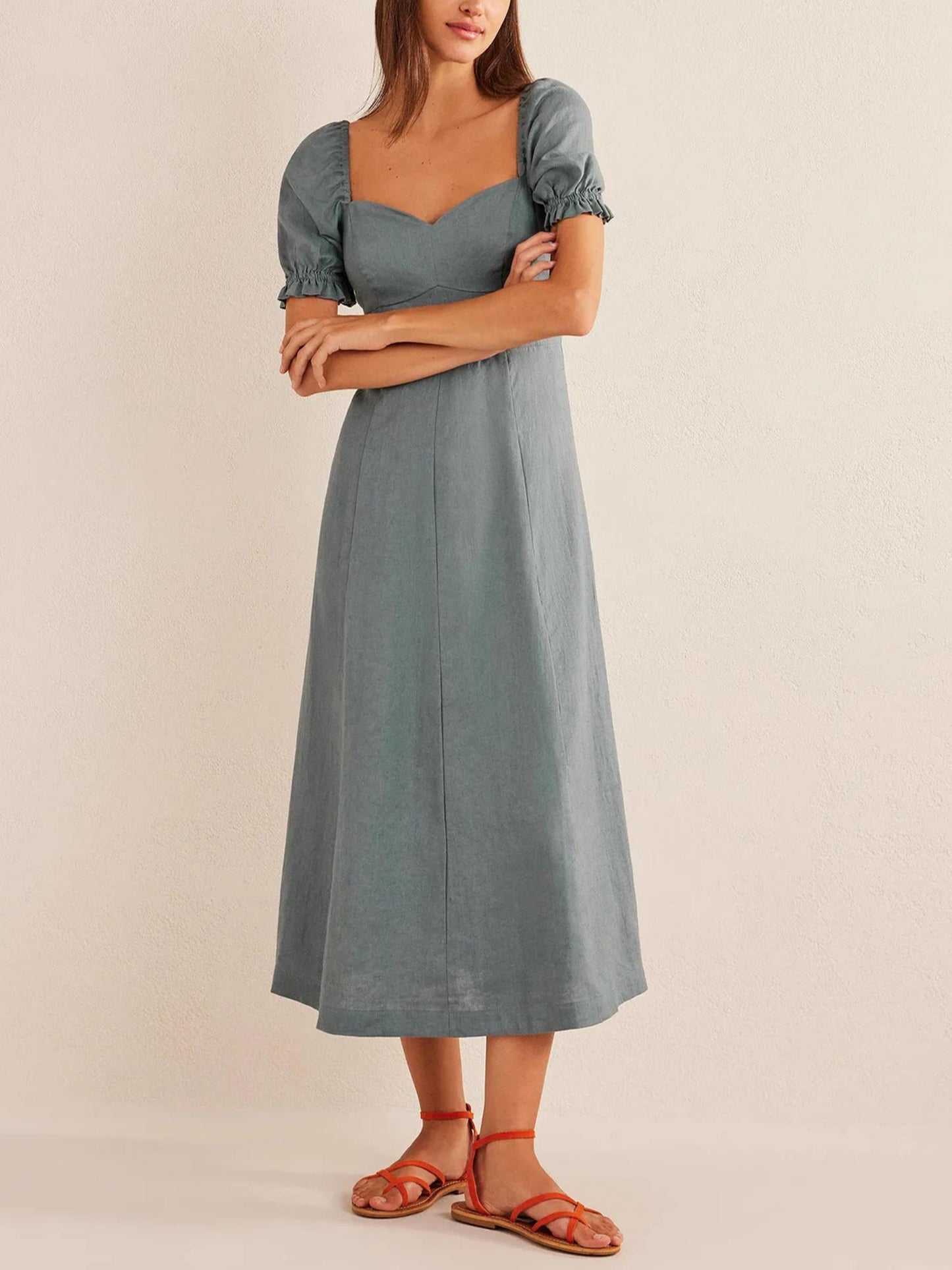 Boden - Puff Sleeve Sweetheart Neck Linen Midi Dress - Sz 6