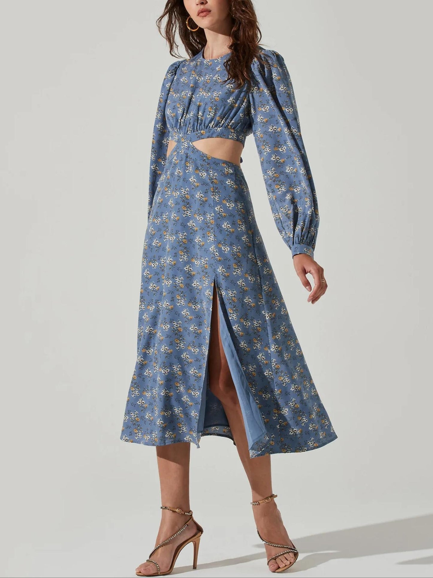 ASTR the Label - Long Sleeve Tie Back Cut Out Waist Midi Dress - Sz M