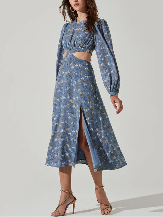 ASTR the Label - Long Sleeve Tie Back Cut Out Waist Midi Dress - Sz M