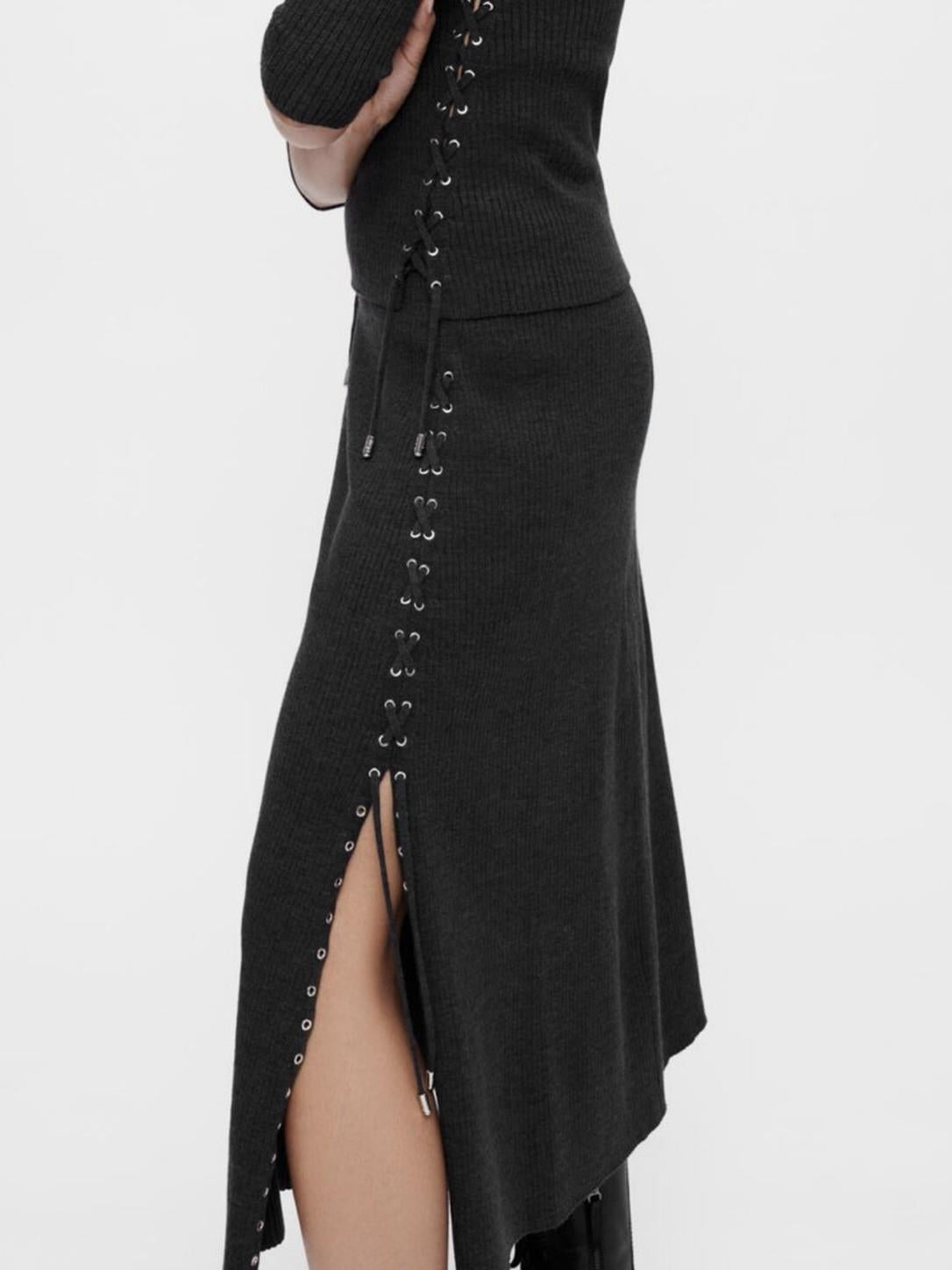 Maje - Knit Silver Eyelet Lace Up Midi Skirt - Sz M