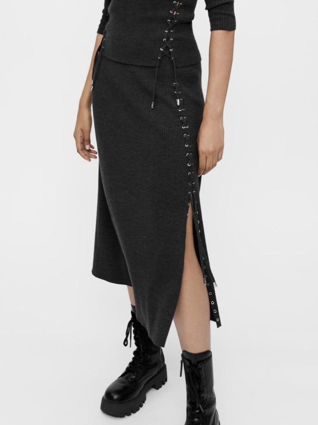 Maje - Knit Silver Eyelet Lace Up Midi Skirt - Sz M