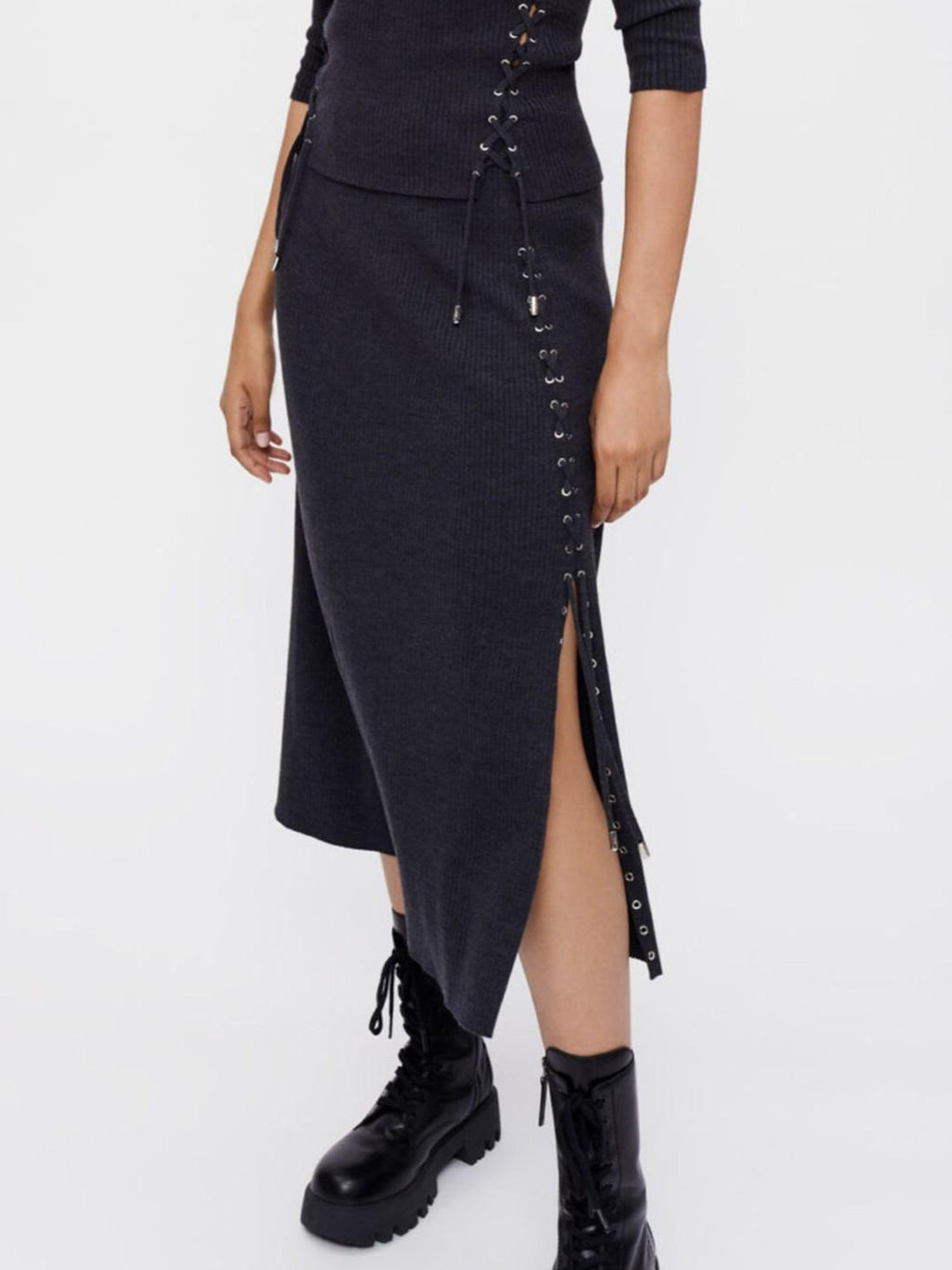 Maje - Knit Silver Eyelet Lace Up Midi Skirt - Sz M