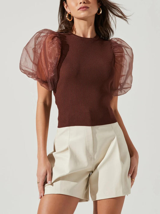 ASTR the Label - Avery Puff Sleeve Backless Knit Top - Sz L