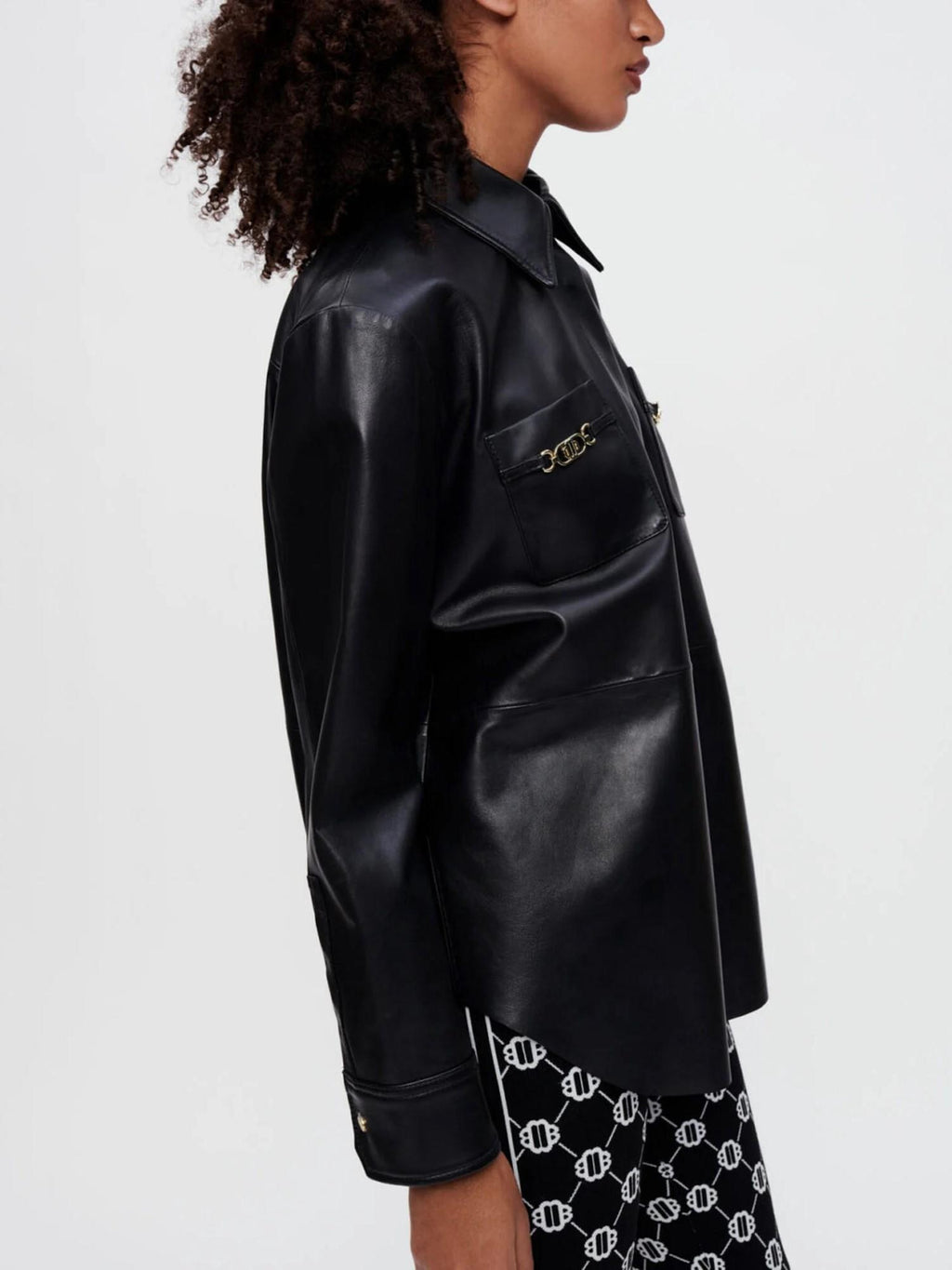 Maje - Black leather shirt with gold horsebits