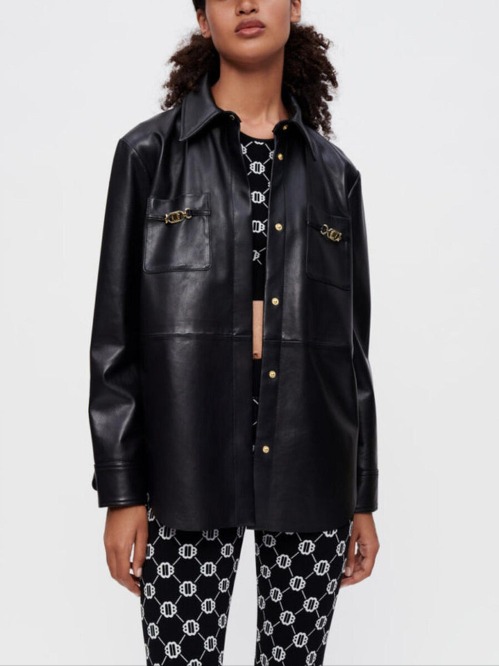Maje - Black leather shirt with gold horsebits