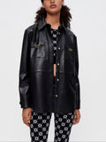 Maje - Black leather shirt with gold horsebits