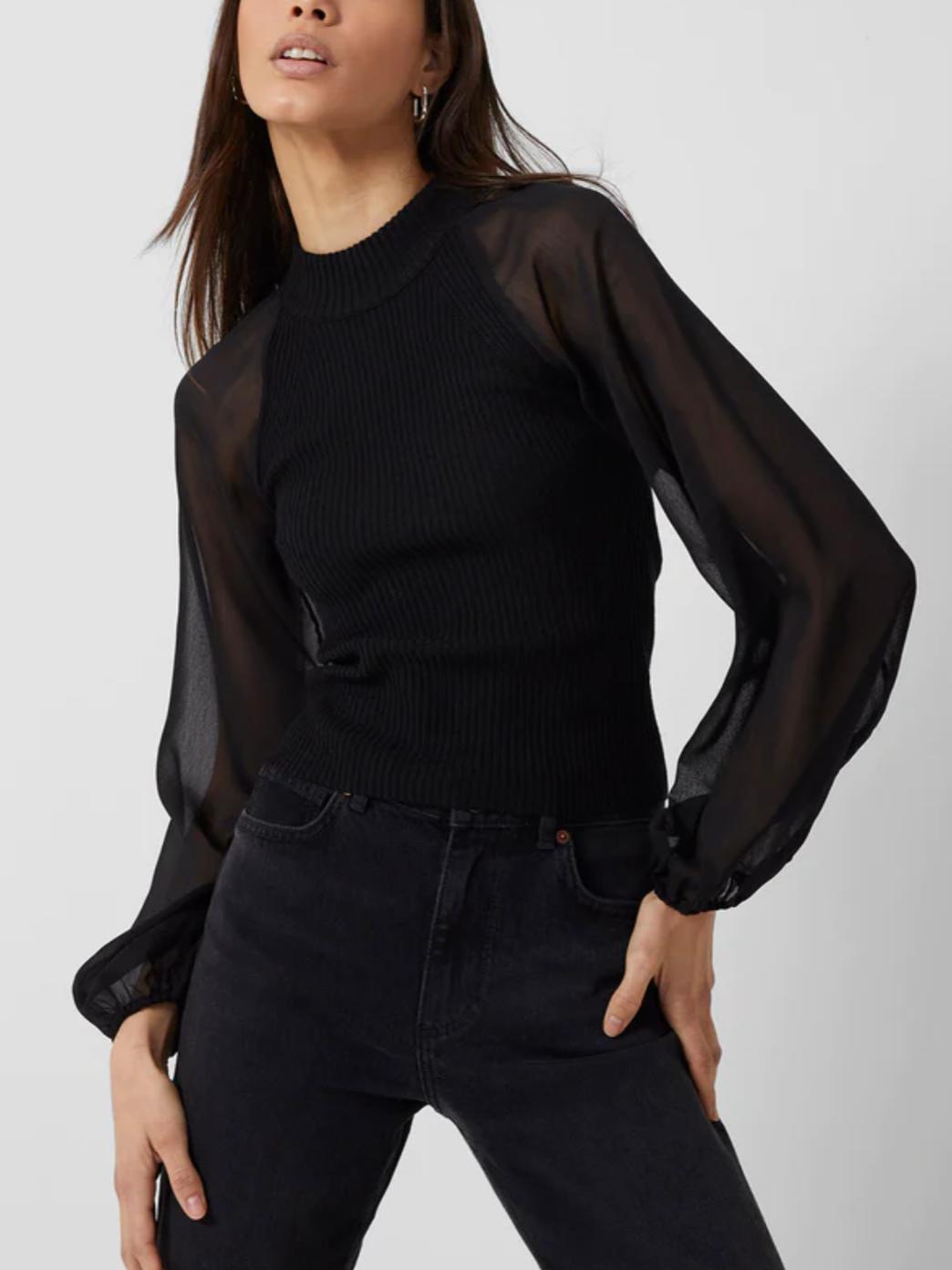 French Connection - Melody High Neck Sheer Sleeves Top - Sz M