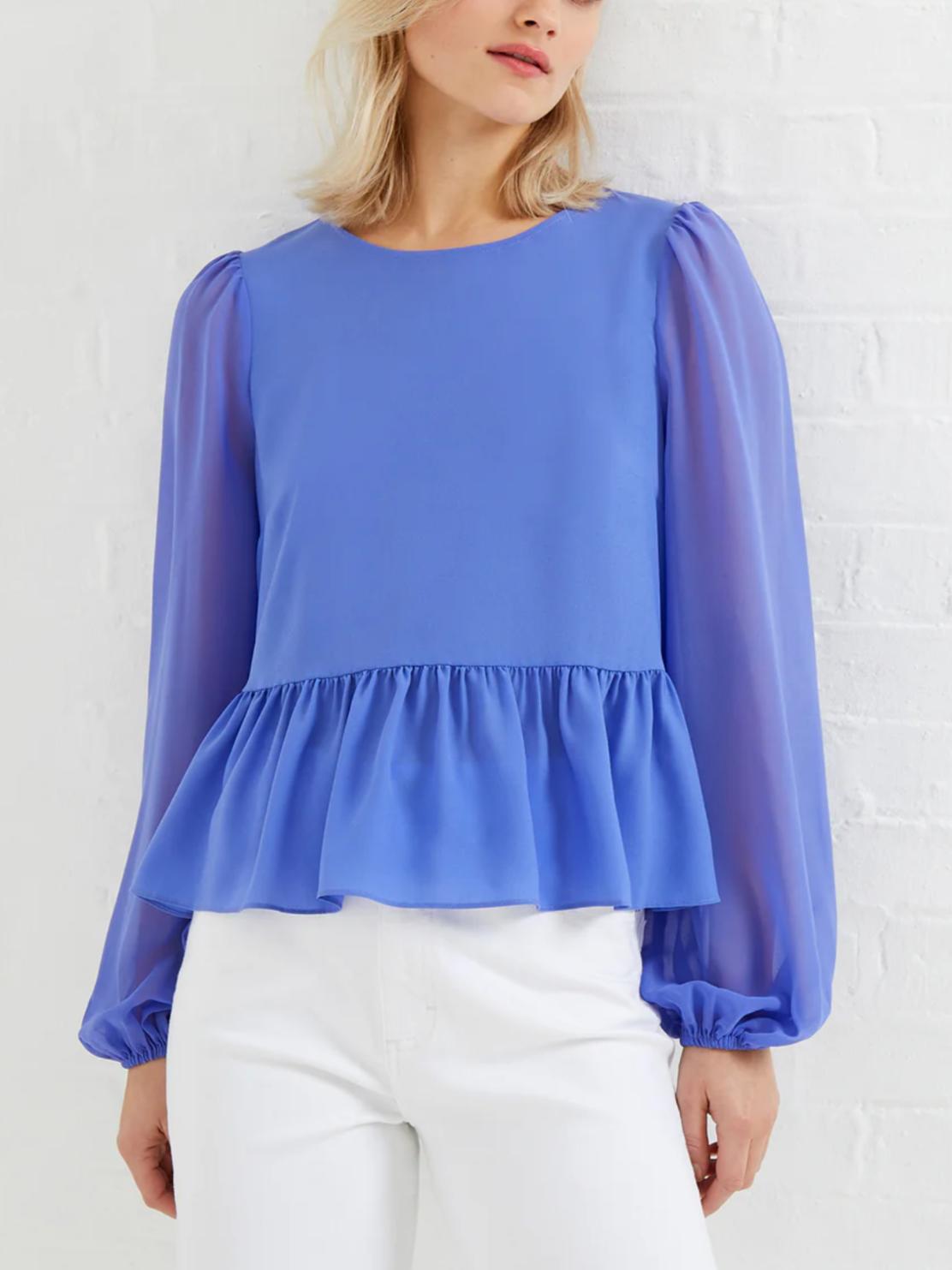 French Connection - Crepe Light Georgett Balloon Sleeve Peplum Top - Sz M