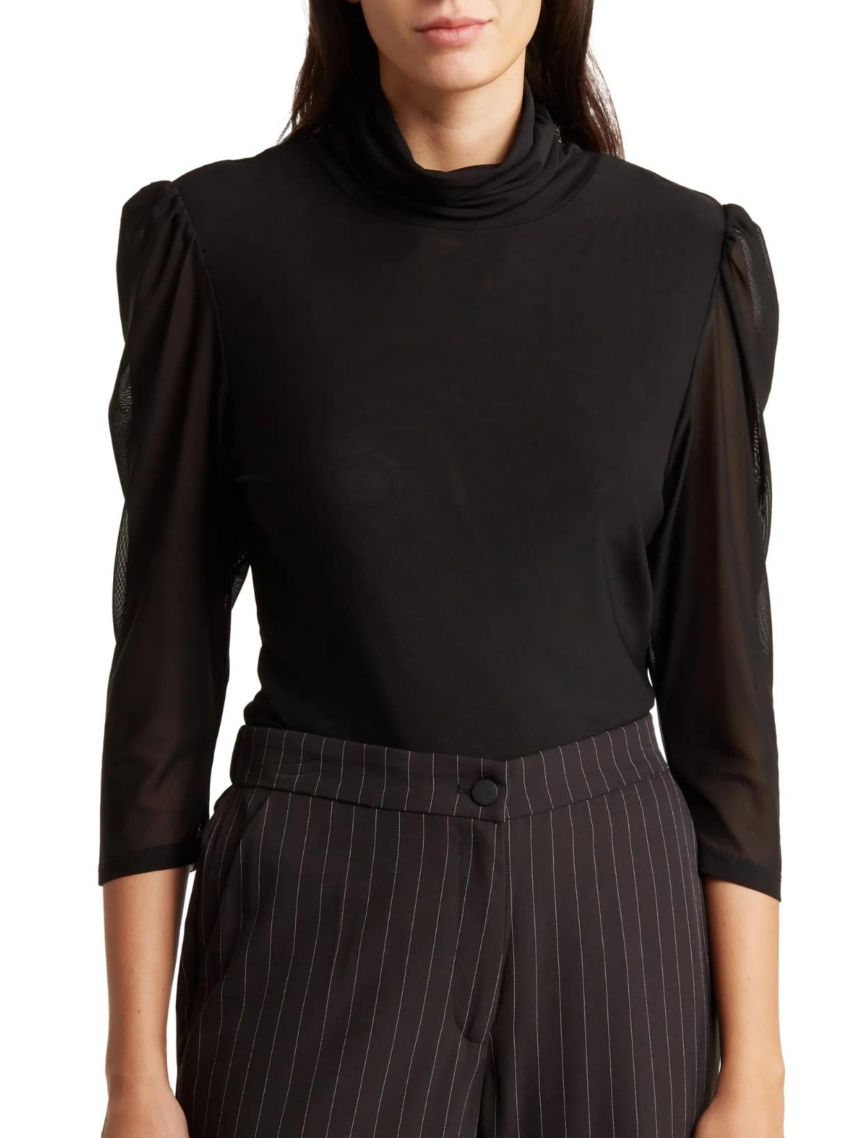 T Tahari - Mesh Three Quarter Sleeve Turtleneck Blouse - Sz L