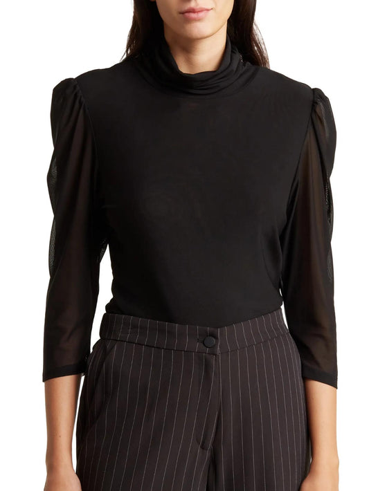 T Tahari - Mesh Three Quarter Sleeve Turtleneck Blouse - Sz L