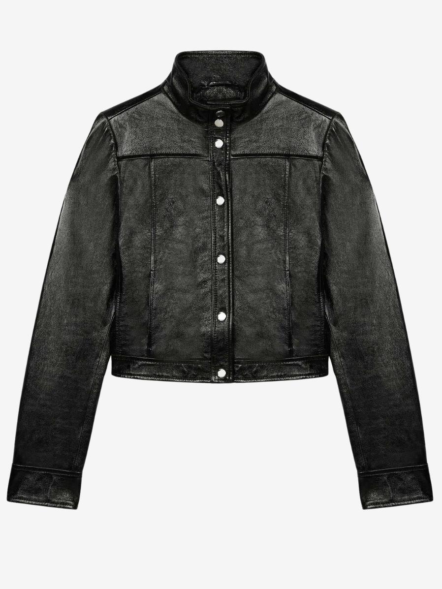 Maje - Crinkle Snap Front Leather Jacket