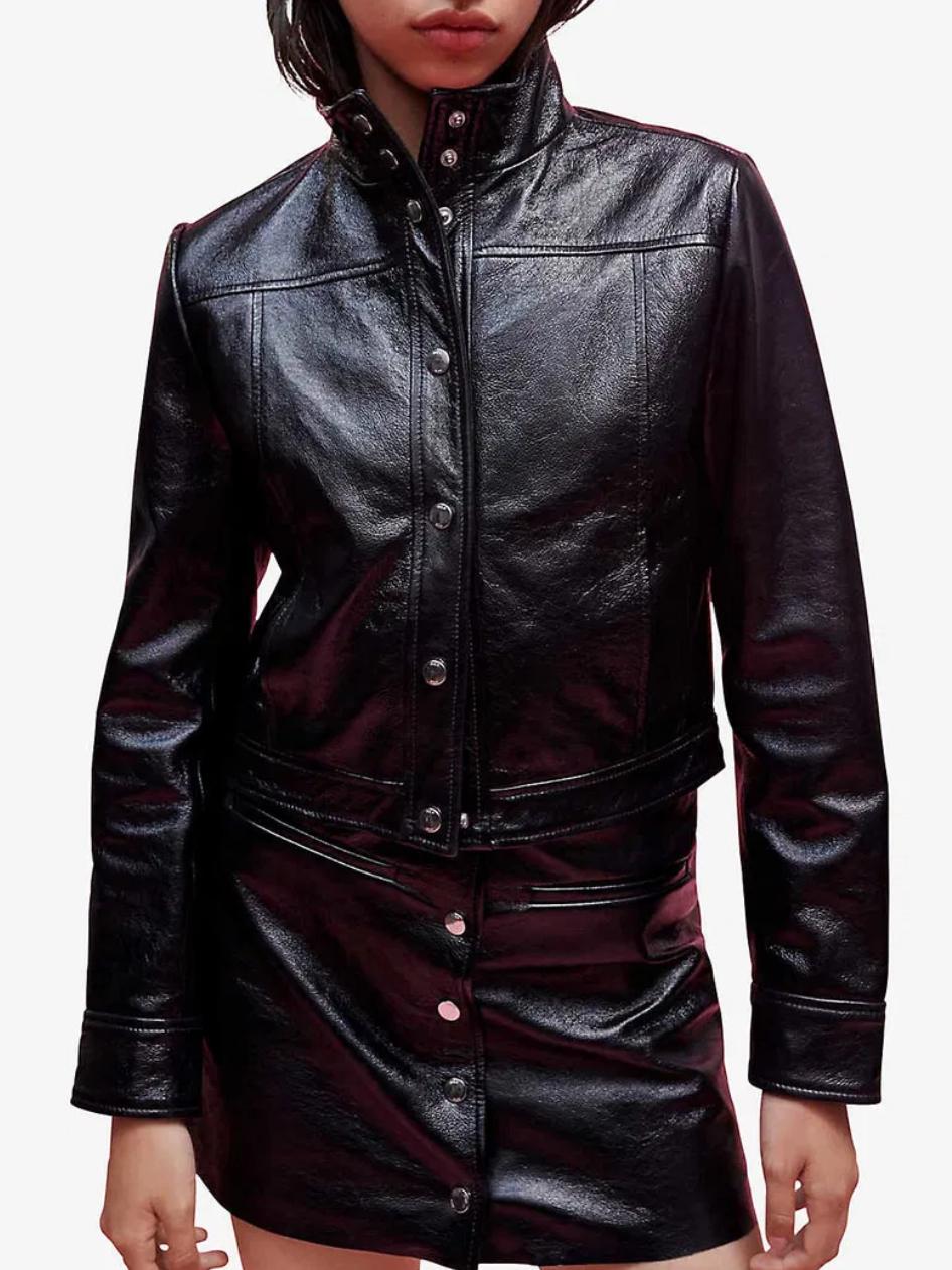 Maje - Crinkle Snap Front Leather Jacket