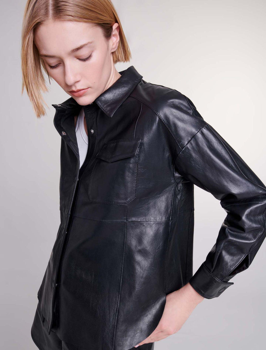 Maje - Leather Snap Front Hidden Placket Shirt - Sz M