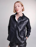 Maje - Leather Snap Front Hidden Placket Shirt