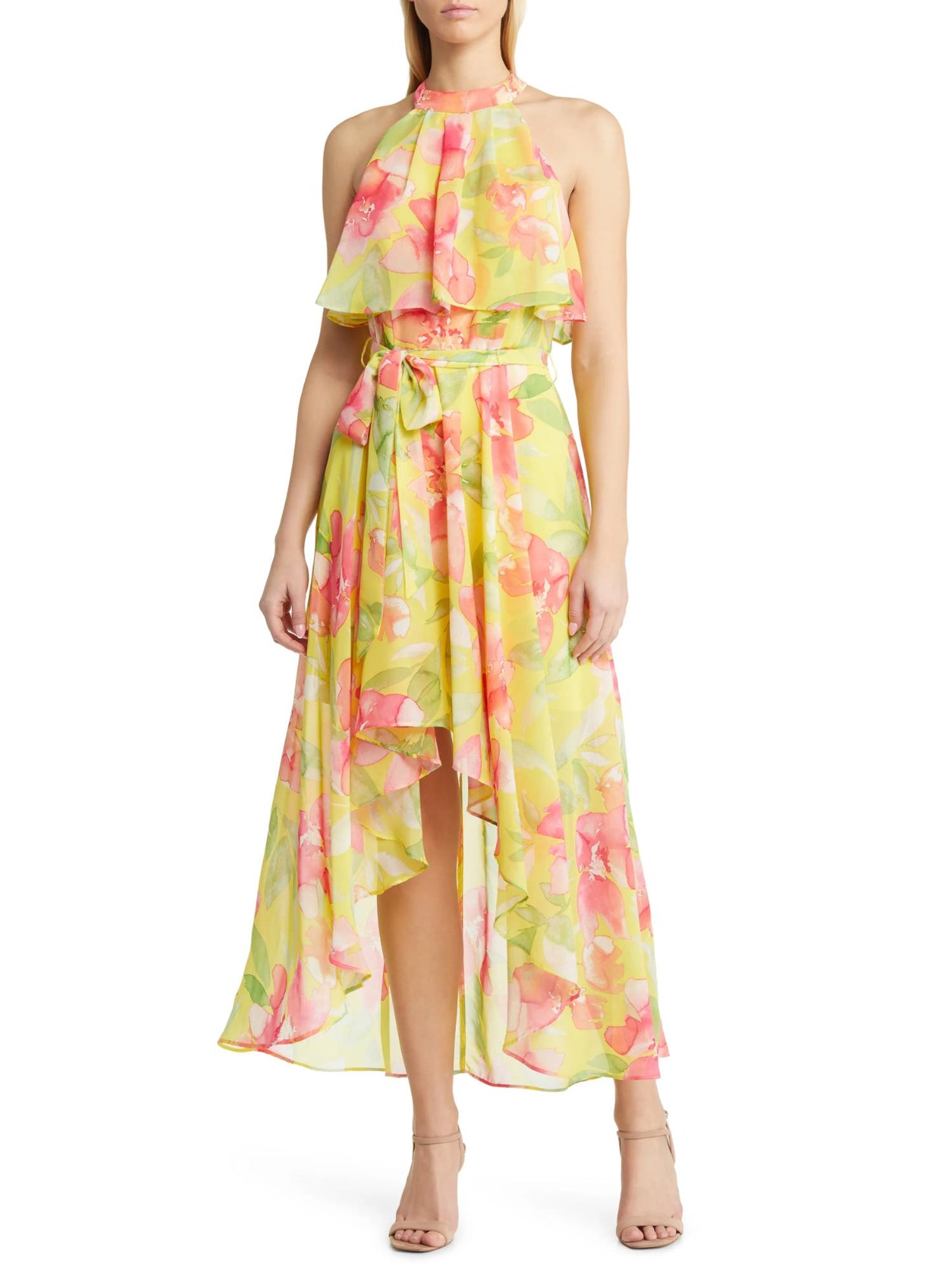 Eliza J - Halter Neck Ruffle Detail High-Low Dress - Sz 14